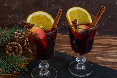 Two glasses of hot mulled wine, the atmosphere of Christmas and New Year Stock Photos