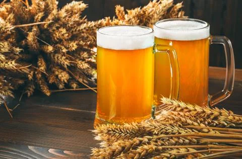 Two glasses of light beer with spikelets of barley on the wooden background. Stock Photos
