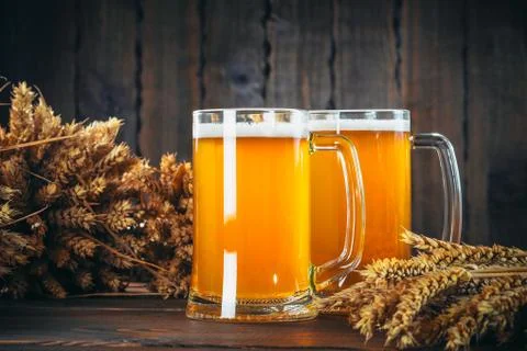 Two glasses of light beer with spikelets of barley on the wooden background.  Stock Photos