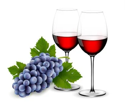 Two glasses of red wine with grapes. vector. Illustrazione stock
