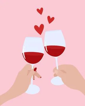 Two glasses of red wine. It's a romantic evening. Holiday. The red heart. Vec Stock Illustration