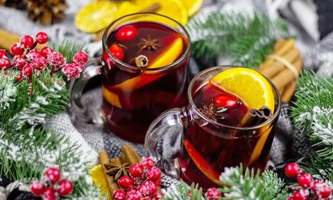 Two glasses of red wine with lemon slices and flowers on table Stock Photos