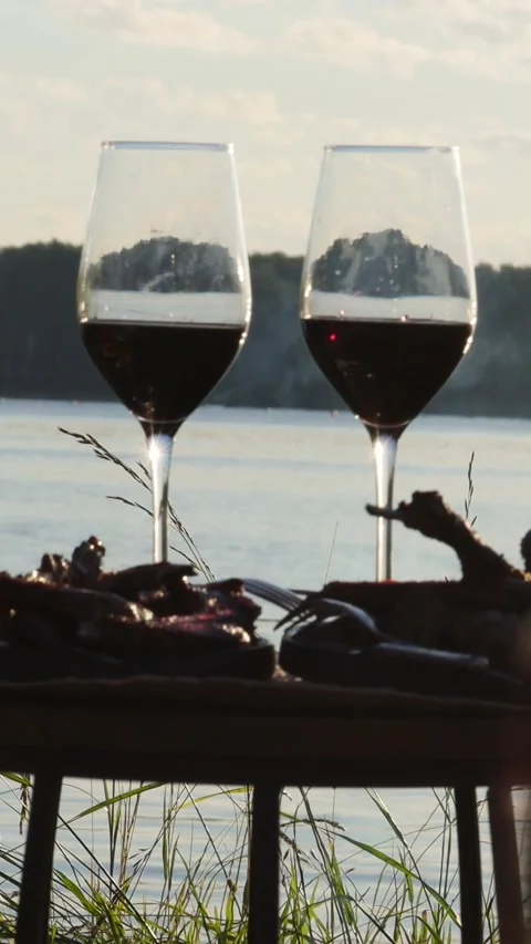 Two glasses of red wine at picnic by river, romantic outdoor lifestyle Stock Footage 332307611