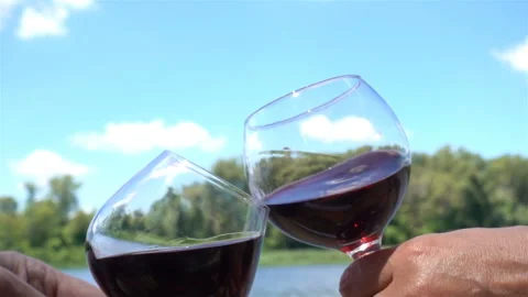Two glasses of wine clink in slow motion Stock Footage 197016026
