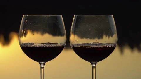 Two glasses of wine at sunset on a forest lake Stock Footage 139810033