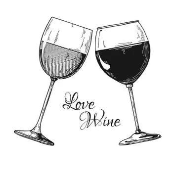 Two glasses of wine. Vector illustration. Text love wine. Stock Illustration