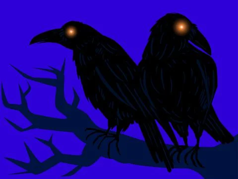 Two gloomy crows with shining eyes stand on a branch on a blue background. My Illustrazione stock