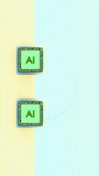 Two glowing AI microchips aligned vertically on a yellow and cyan backgroun.. Stock Illustration