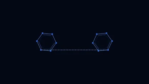 Two glowing blue hexagonal structures connected by a dashed line on black Stock Footage 338310486
