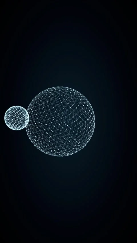 Two glowing blue spheres formed from a dot network rotate and disintegrate Stock Footage 345186151