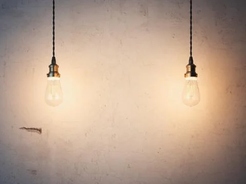 Two glowing bulbs and plaster wall. 3d rendering 库存插图