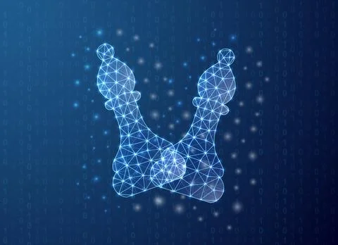 Two glowing chess bishops crossing in digital low poly style with luminous mesh Stock Illustration