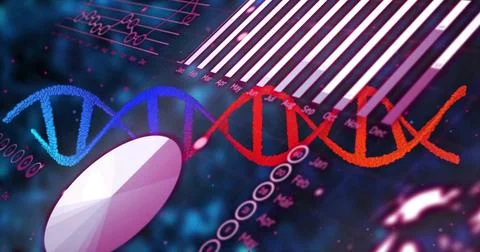Two glowing DNA strands floating above navy background near pink sphere and bar Stock Photos