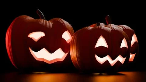 Two glowing jack o lantern pumpkins side by side on black surface Illustrazione stock