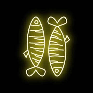 Two glowing neon fish line art drawing on black Stock Illustration