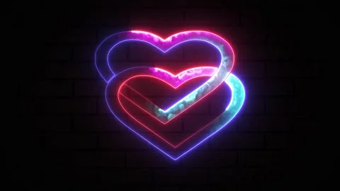 Two glowing neon heart shape suit icon. Retro neon heart sign on purple bac.. Video stock 295934013
