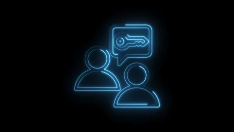 Two glowing neon user icons with a speech bubble containing a key symbol Stock Footage 333959544