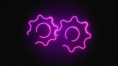 Two glowing purple neon gears are gradually drawn and illuminated against a Stock-Footage 344567968