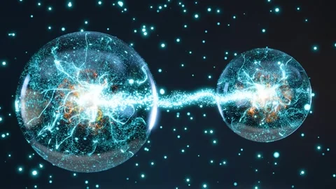 Two Glowing Quantum Spheres Connecting Through Dynamic Particles Stock-Footage 325994088