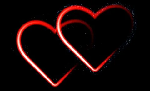 Two glowing red hearts on black background, neon intertwined silhouette wit.. Stock Illustration