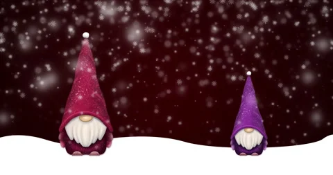 Two gnomes in high hats stand in heavy snowfall on a dark red background Stock Footage 225699536