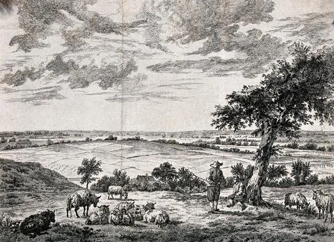 Two goatherds sit under a tree while their flock graze on the hillside. Etc.. Stock Illustration