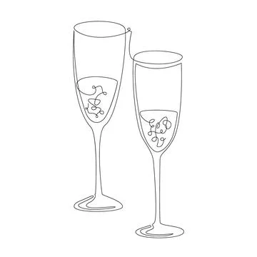 Two goblets with champagne, continuous one line drawing style. Two glasses of Stock Illustration