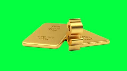 Two gold bars and a dollar sign rotate on a green screen in 3D animation. Stock Footage 159656144
