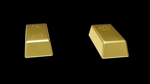 Two gold bars spinning on black, 3D render. Stock Footage 336074463
