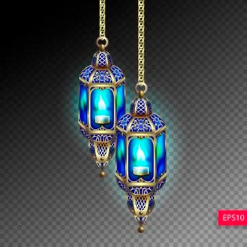 Two gold lanterns with blue light from a candle Stock Illustration