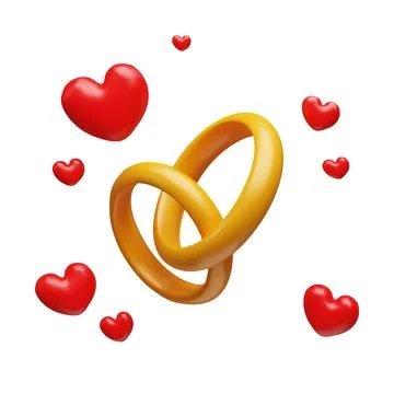 Two gold rings and red hearts around. Stock Illustration