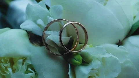 Two gold rings lie on the surface of a bouquet of flowers. Close-up shooting Stock Footage 145214457