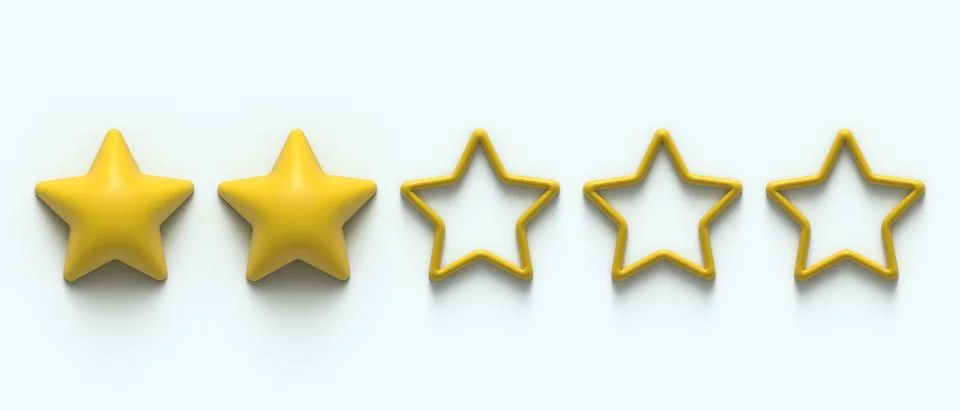 Two gold stars from five. Five 5 star rank sign. Ranking system. 3d ranger gl Stock Illustration