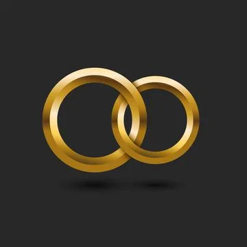 Two gold wedding rings 3d in the shape of infinity on a black background wedd Illustrazione stock