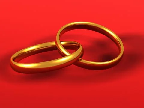 Two gold wedding rings objects close-up red background 3D illustration Stock Illustration