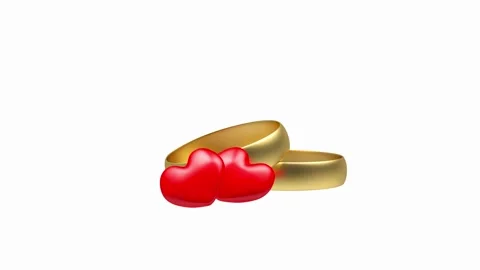 Two gold wedding rings with red hearts in 3D render. Stock Footage 336567554