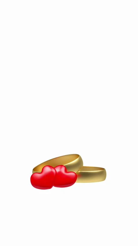 Two gold wedding rings with red hearts, 3D render. Видео 336567573