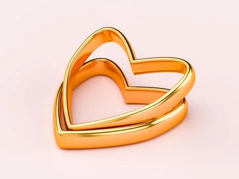 Two gold wedding rings in the shape of a heart. Love couple concept Ilustração Stock