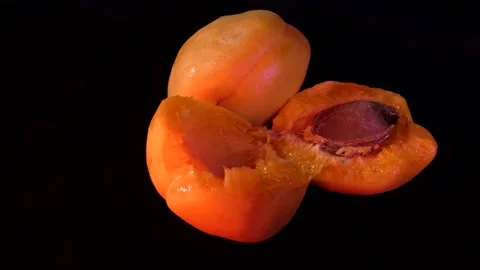 Two golden-colored apricots on a dark background Stock Footage 155606013