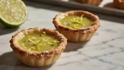 Two golden-crusted mini lemon tarts topped with lime zest on a light marble Stock Photos