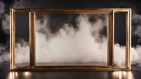 Two golden frames standing; square, rectangular, slowly moving dry ice smok.. 動画素材 273953857