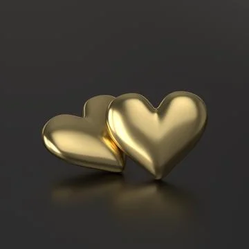 Two Golden Heart. 3D Render on Black Background Illustrazione stock