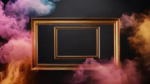 Two golden horizontal rectangular frames on a dark background around colorf.. Vídeos de archivo 273954515