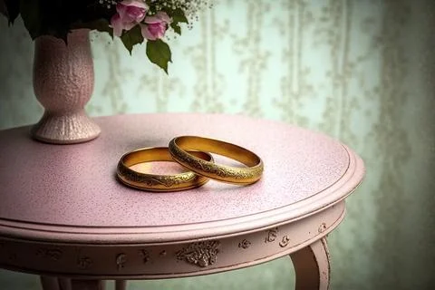 Two golden rings on a small table, ai generated Stock Illustration