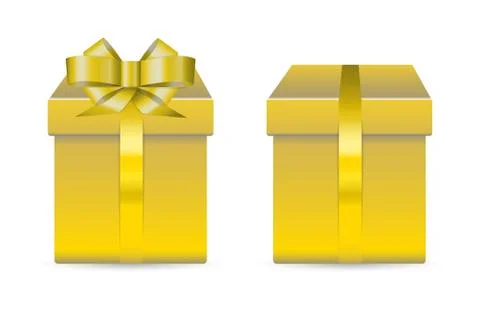 Two golden shine boxes for presents decoraned with bow and ribbon. Realistic  Stock Illustration