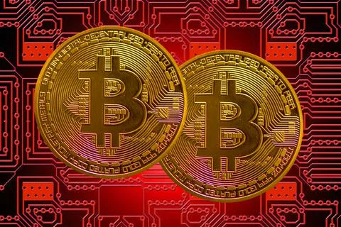 Two golden valueabl bitcoin from crypto currency with a red board in the back Stock Illustration