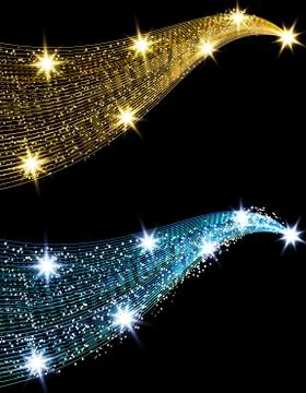 Two golden waves with a shine effect against a black background. Comet with a Stock Illustration