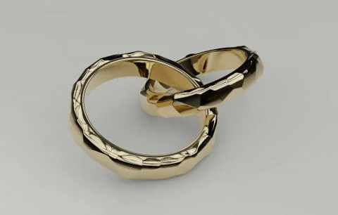Two golden wedding rings intersected together isolated on white background Stock Illustration