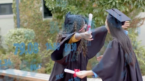 Two graduates swapping diplomas and hugging, blue data overlay between them Stock Footage 333689615
