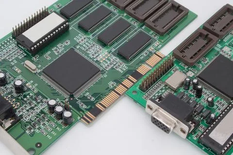 Two graphic card for personal computer. Isolated on the white background. Stock Photos